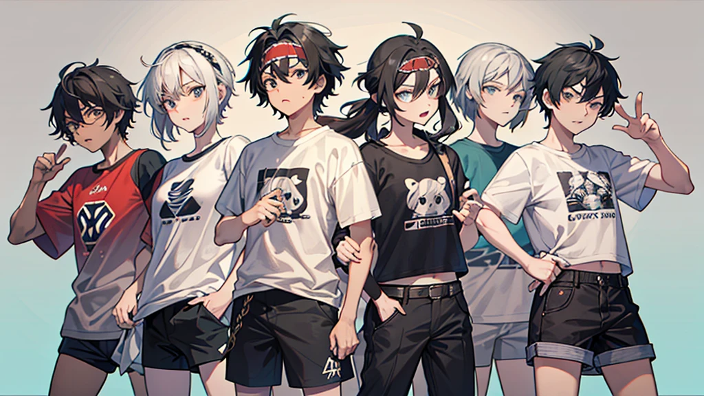 Create a black-and-white sketch of a group of six cartoon characters standing together, each displaying distinct emotions and personalities. The characters have exaggerated facial expressions and unique hairstyles. From left to right:
1. The first character has a short, messy hairstyle and looks surprised with their hands slightly raised.
2. The second character has a long, parted hairstyle and appears anxious, with a worried expression and hands clasping the front of their shirt.
3. The third character has spiky hair, is laughing with their mouth wide open, and has their hands on their hips.
4. The fourth character has short, straight hair, is making an angry face, and is clenching one fist while the other hand is on their hip.
5. The fifth character has long hair with a headband and glasses, looking confused or contemplative, and is wearing a shirt with a large 'A' on it.
6. The sixth character has short, dark hair and is making a mischievous or rebellious face, with one hand in their pocket and the other making a rock-on gesture.
The characters are dressed in various casual outfits, and the background is plain, giving the focus to their expressive faces and postures.