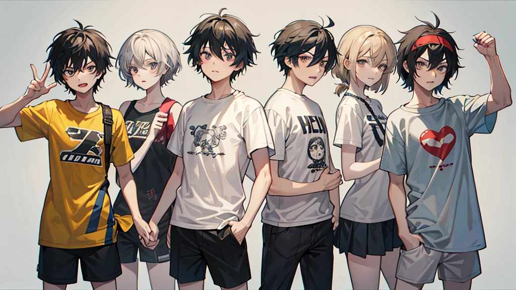 Create a black-and-white sketch of a group of six cartoon characters standing together, each displaying distinct emotions and personalities. The characters have exaggerated facial expressions and unique hairstyles. From left to right: 

1. The first character has a short, messy hairstyle and looks surprised with their hands slightly raised.
2. The second character has a long, parted hairstyle and appears anxious, with a worried expression and hands clasping the front of their shirt.
3. The third character has spiky hair, is laughing with their mouth wide open, and has their hands on their hips.
4. The fourth character has short, straight hair, is making an angry face, and is clenching one fist while the other hand is on their hip.
5. The fifth character has long hair with a headband and glasses, looking confused or contemplative, and is wearing a shirt with a large 'A' on it.
6. The sixth character has short, dark hair and is making a mischievous or rebellious face, with one hand in their pocket and the other making a rock-on gesture.

The characters are dressed in various casual outfits, and the background is plain, giving the focus to their expressive faces and postures.