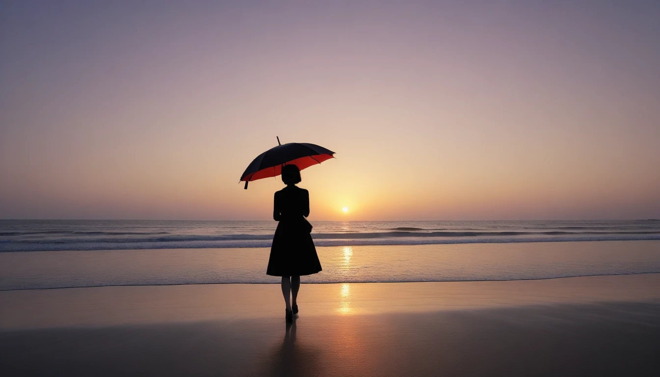 8K, Vivid picture quality, desolate long beach, Daters walking on the beach from afar, short hair woman, red light of sunset, alone, afternoon, depressed, tide가 밀려온다, ocean, tide, black umbrella , wind, short korean woman, 잔잔한 tide, black umbrella, Perfect photos with vivid image quality