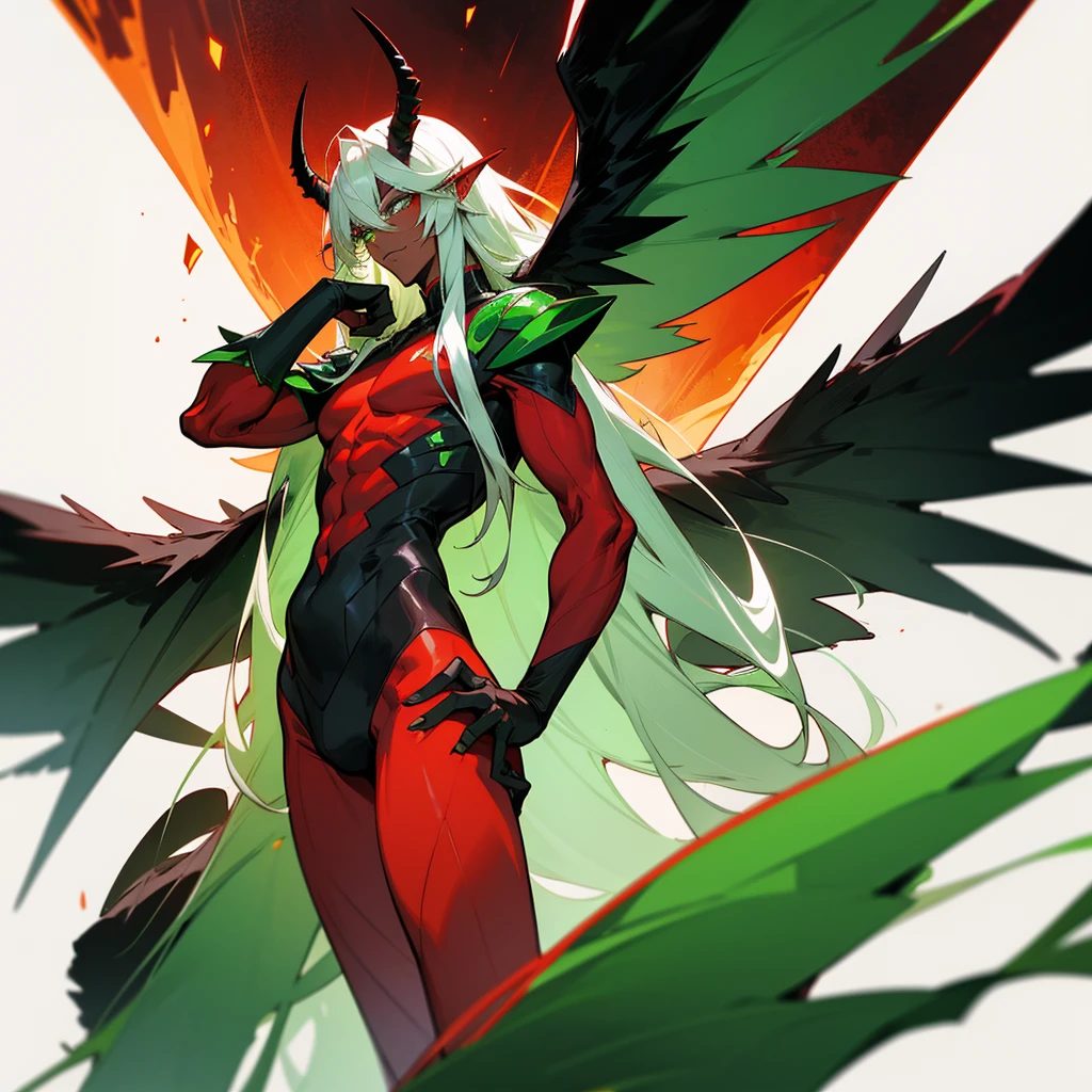 male character, bonitas, darkskin, Black Wings, wearing a red suit, long white hair, emerald green eyes, his appearance is that of a fire demon, his body is that of a fire demon with giant horns, a beastly body.
