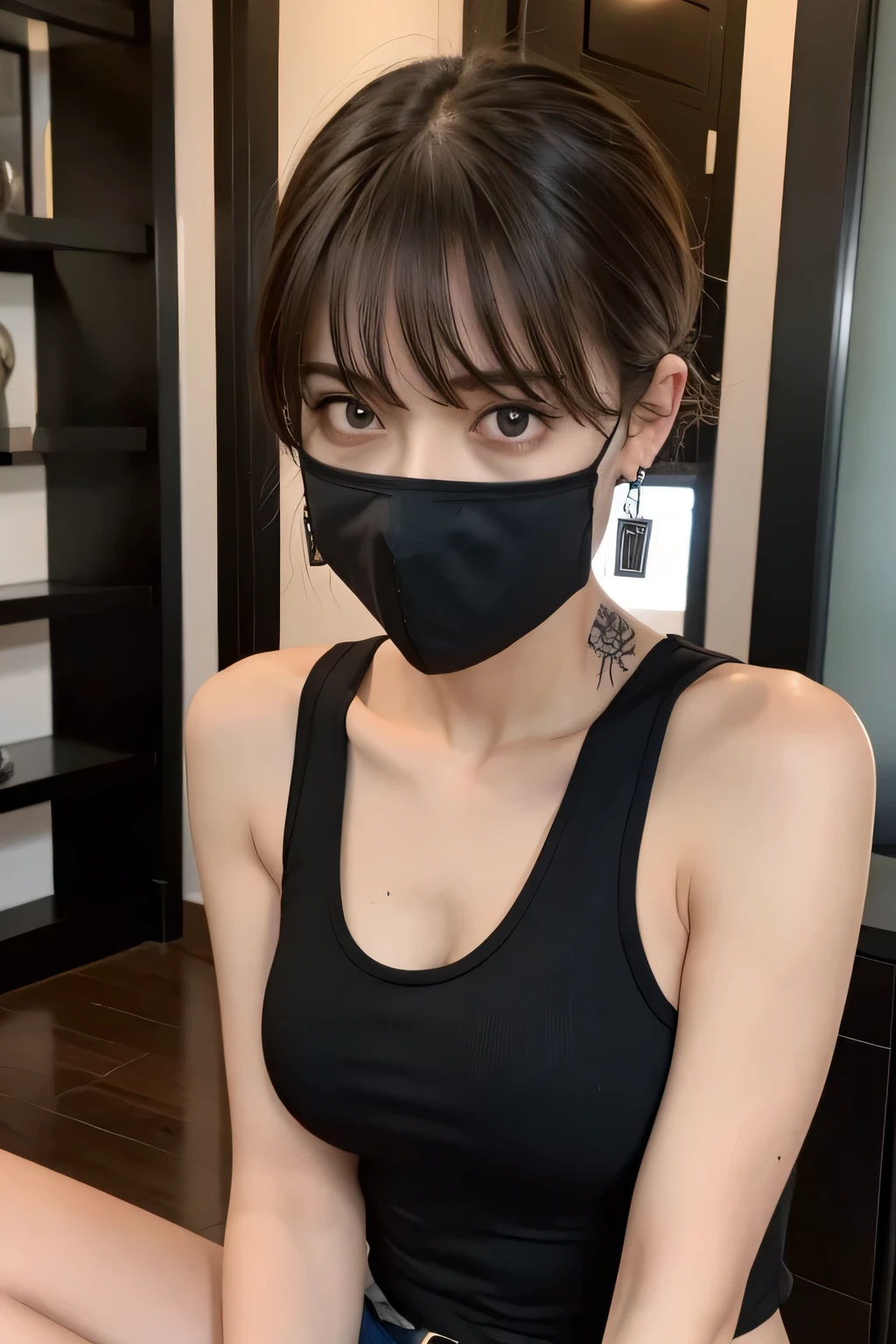 Look into the eyes,　Look at me　Look at me,　Look at me,　Look at me,　Front of face,　Front face,　Cross-legged,　indoor,　Brown Hair,　bangs,　Sweat,　clavicle,　clavicle,　Cross-legged,　Earrings,　Look at me,　Private room,　belt,　tattoo,　tattoo,　Black Mask,　Black Mask,　Black Mask,　Black Mask,　Black Mask,　Black Mask,　Black Mask,　(Tank top:1.5)
