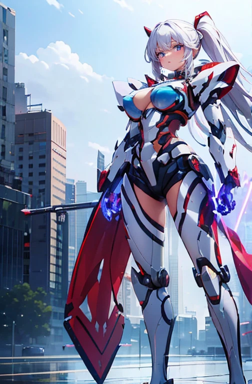 ((Kizi, mecha)), glare eyes, 精致的面容, damaged armor, mechanical aura, mechanical arm, White hair, long hair, ceramic body, Thigh clearance,  big, Network Background, Very cool city, (translucent, Reflective skin), 8K, best qualityer, super verbose, (Surrealism: 1.4),  
