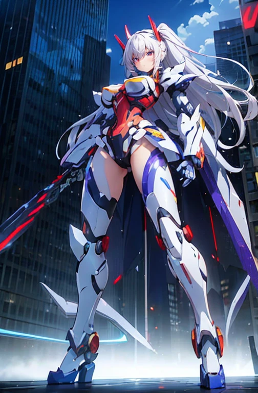 ((Kizi, mecha)), glare eyes, 精致的面容, damaged armor, mechanical aura, mechanical arm, White hair, long hair, ceramic body, Thigh clearance, breasts big, Network Background, Very cool city, (translucent, Reflective skin), 8K, best qualityer, super verbose, (Surrealism: 1.4),