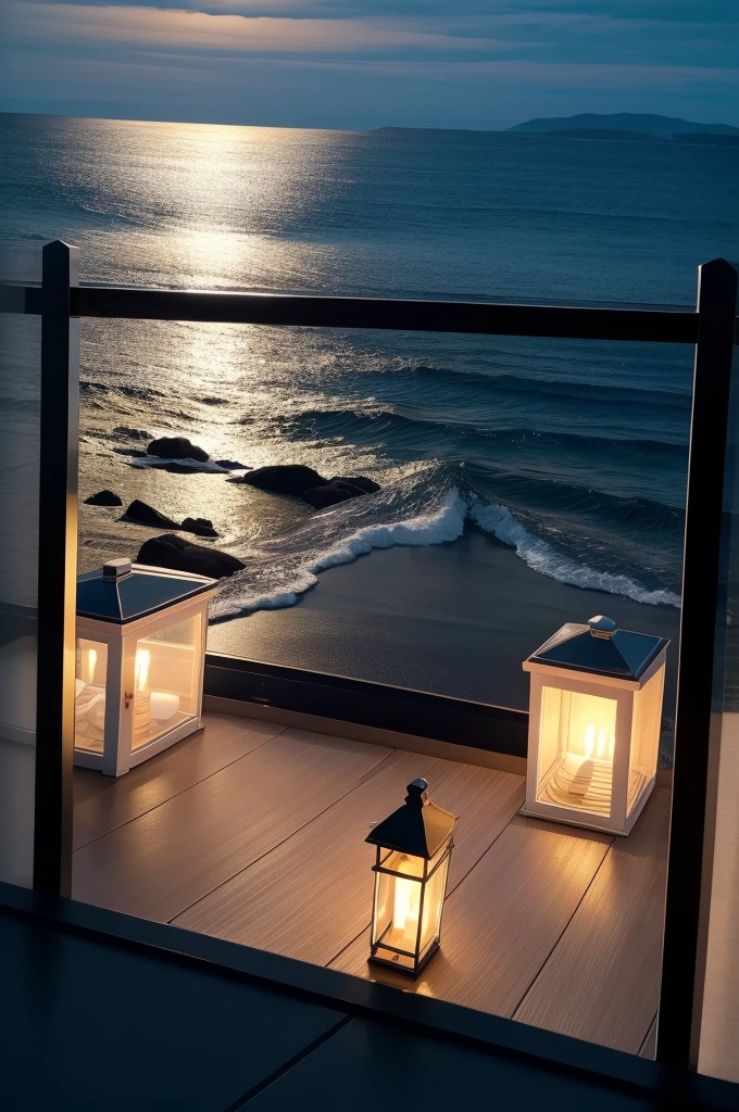 Sea of night,field,Realistic,More realistic,Seaside terrace,8K Ultra HD, Digital SLR, Party Venue,Midnight Sea,View from the terrace