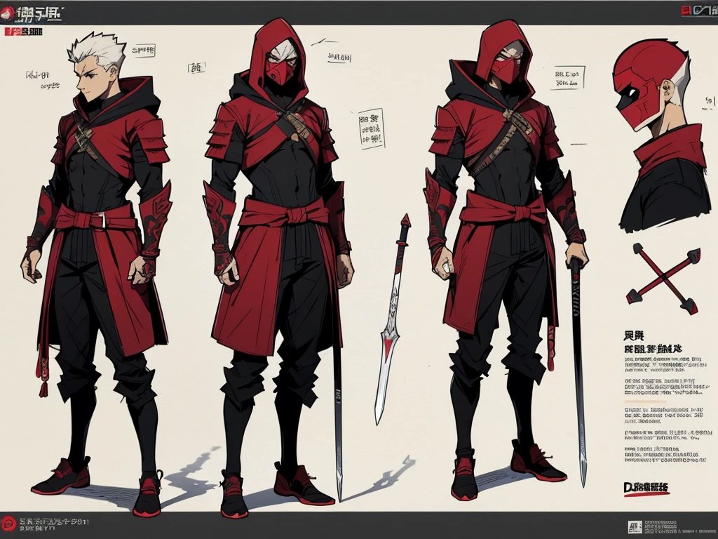 (masterpiece), best quality, high quality art, very detailed texture, super detailed picture high detail texture, high texture detail, super detailed render, hd detailed texture, 1man, standing, master piece, full body character concept, full body character design, full body concept art, Archer, face hidden by Hoodie shadow, Red armor, Red tattoo, swordman, detailed Armor, Archer, beside there is a Arrow, Red symbol, full Gray Armor japan, mask in mouth part, various expression, front back and side view of character