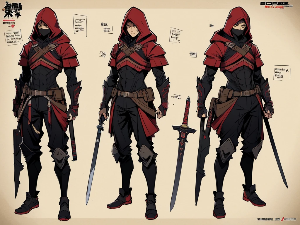 (masterpiece), best quality, high quality art, very detailed texture, super detailed picture high detail texture, high texture detail, super detailed render, hd detailed texture, 1man, standing, master piece, full body character concept, full body character design, full body concept art, Archer, face hidden by Hoodie shadow, Red armor, Red tattoo, swordman, detailed Armor, Archer, beside there is a Arrow, Red symbol, full Gray Armor japan, mask in mouth part, various expression, front back and side view of character