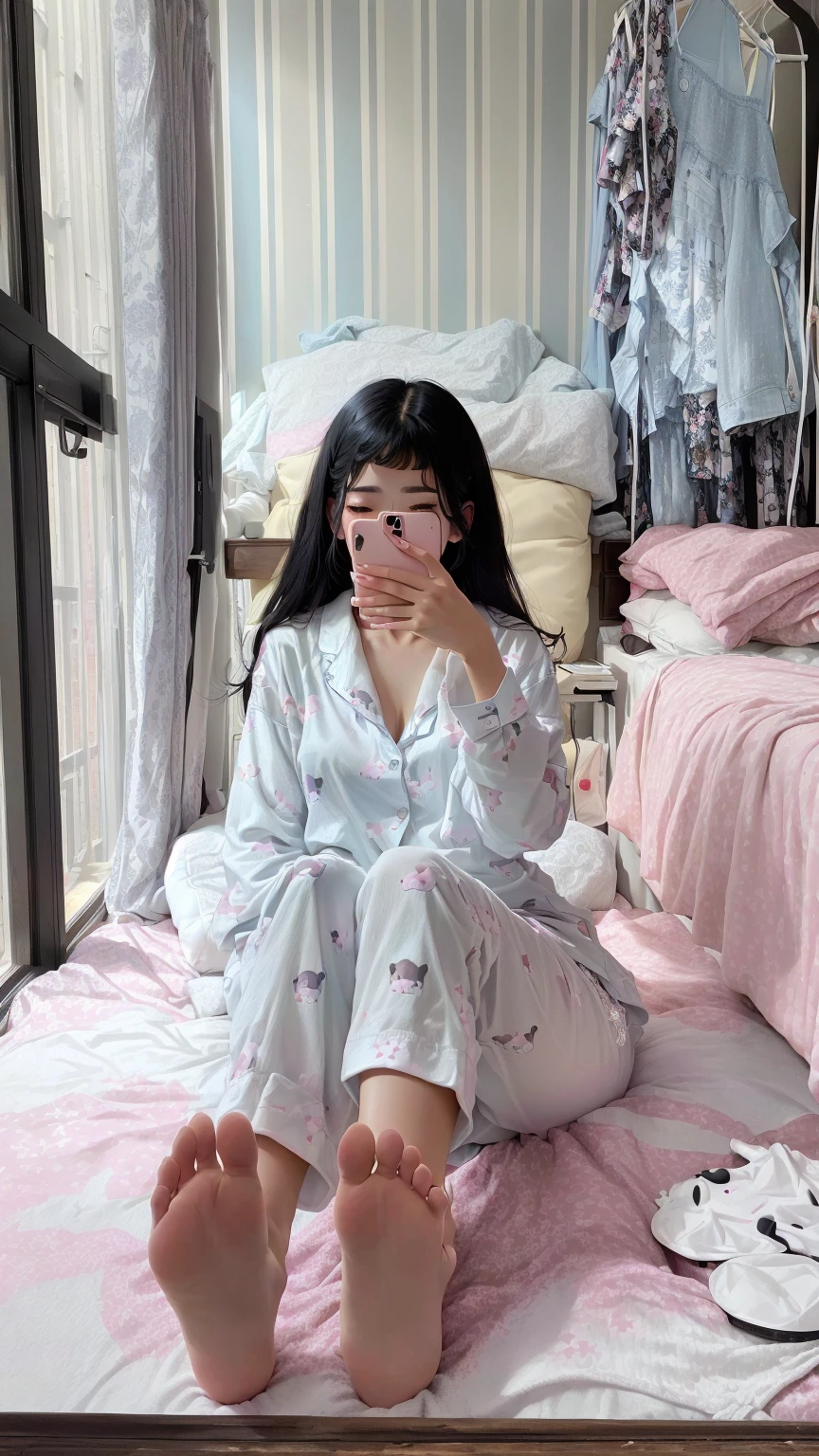 araffe Sitting on the bed with a cell Pagehone in her hand, wearing PageaJamas, wearing a baggy PageaJamas, sleePagewear, , beast, wearing white PageaJamas, Page. J. n, kawaii shirt and Jeans, Kawaii aesthetics, Sitting on the bed, pajamas, Sitting on the bed, 19xx, sleePagey