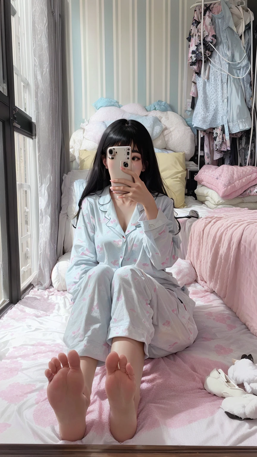 araffe Sitting on the bed with a cell Pagehone in her hand, wearing PageaJamas, wearing a baggy PageaJamas, sleePagewear, , beast, wearing white PageaJamas, Page. J. n, kawaii shirt and Jeans, Kawaii aesthetics, Sitting on the bed, pajamas, Sitting on the bed, 19xx, sleePagey