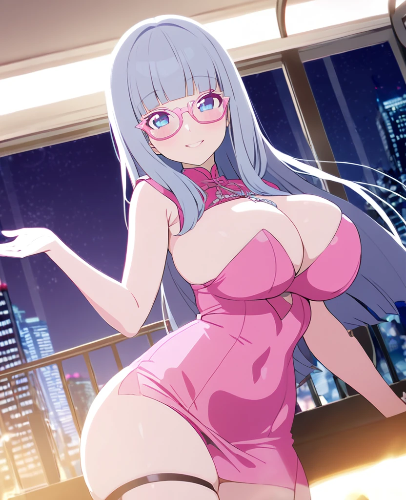 MILF, silver blueish hair, hime cut, long hair, pink bodycon, J cup breast, thicc thigh, hourglass figure, nighttime city, clear view, charming smile, pink love shape glasses 