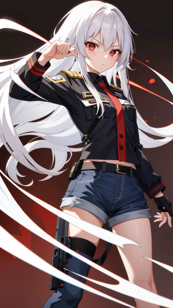 1 girl 19 year old, long white hair, red eyes, holding an handgun, cord top, short jeans, anime style, assaust uniform, battle girl, black thigh highs, upper body, best quality, 8k resolution, Point right hand at the viewer, looking at viewer, brown background