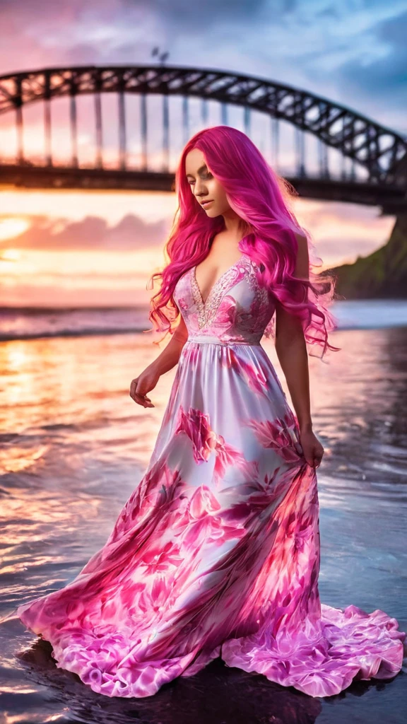"A beautiful woman with long pink hair and beautiful eyes wearing an elegant and detailed Hawaiian dress. The dress should have intricate designs and patterns to give it a luxurious and luxurious feel. In the background, there is a water surface. It should depict a romantic Hawaiian beach at night with light reflections and an illuminated bridge crossing the scene.The image should emphasize a sparkling effect throughout the image to enhance the dreamlike atmosphere. Add special ruffles to make it stand out.