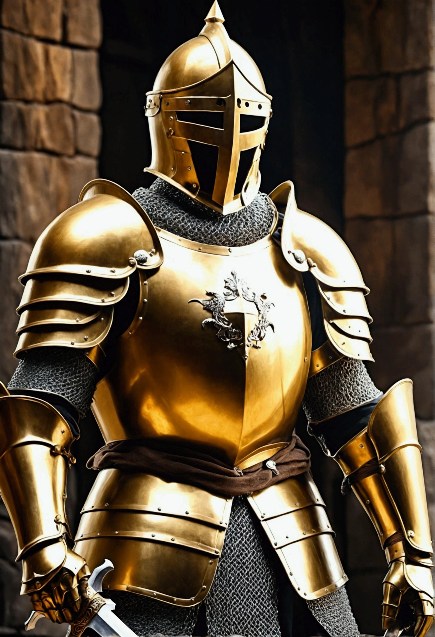 The knight in shining golden armor、A bright sword that emits a lot of light、The hardest rocks wielded the mighty shields posing for the highest quality presentation