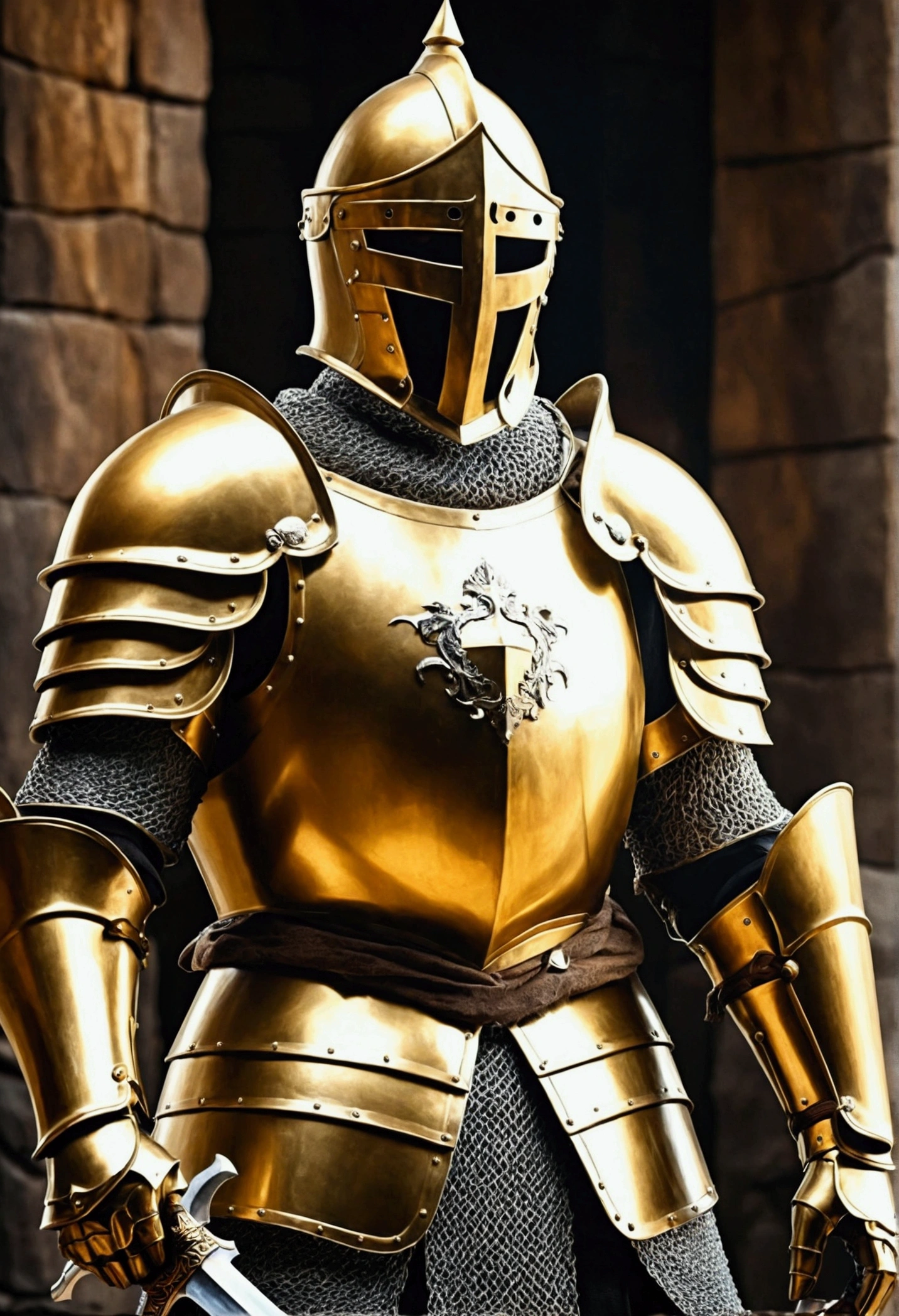 The knight in shining golden armor、A bright sword that emits a lot of light、The hardest rocks wielded the mighty shields posing for the highest quality presentation
