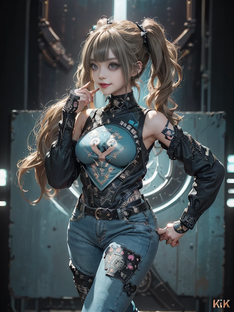 (Full Body View:1.4)、(Full body:1.3)、(Smiling with teeth showing:1.4),(Shibuya Gal:1.5)、(Gothic Lolita style fashion:1.5)、(Punk RockVisual Kei:1.5)、(Wearing a rhythmic gymnastics bodysuit with intricate details:1.4)、(Racing suit and pants with intricate turquoise, denim and charcoal decorations:1.5)、(Denim and light blue and turquoise boots:1.3)、((belt))、(Numerous delicate logo marks all over the costume:1.4)、(collar:1.3)、(Polka dot underwear:1.5)、20-year-old、NSFW、((Highest quality、In 8K、masterpiece:1.3))、Sharp focus:1.2、(Layered Cut、Huge boobs:1.1),Beautiful woman with perfect figure:1.4、(Doing a ballerina pose:1.3)、Slender Abs:1.2、Highly detailed face and skin texture、Detailed eyes、double eyelid,(Twin tails:1.3)、(Brown-golden hair:1.3)、Gravure idol、(The background is the stage of the fashion show:1.3)、(Slim body:1.3),(Make your legs thinner:1.4),(clavicle:1.1)