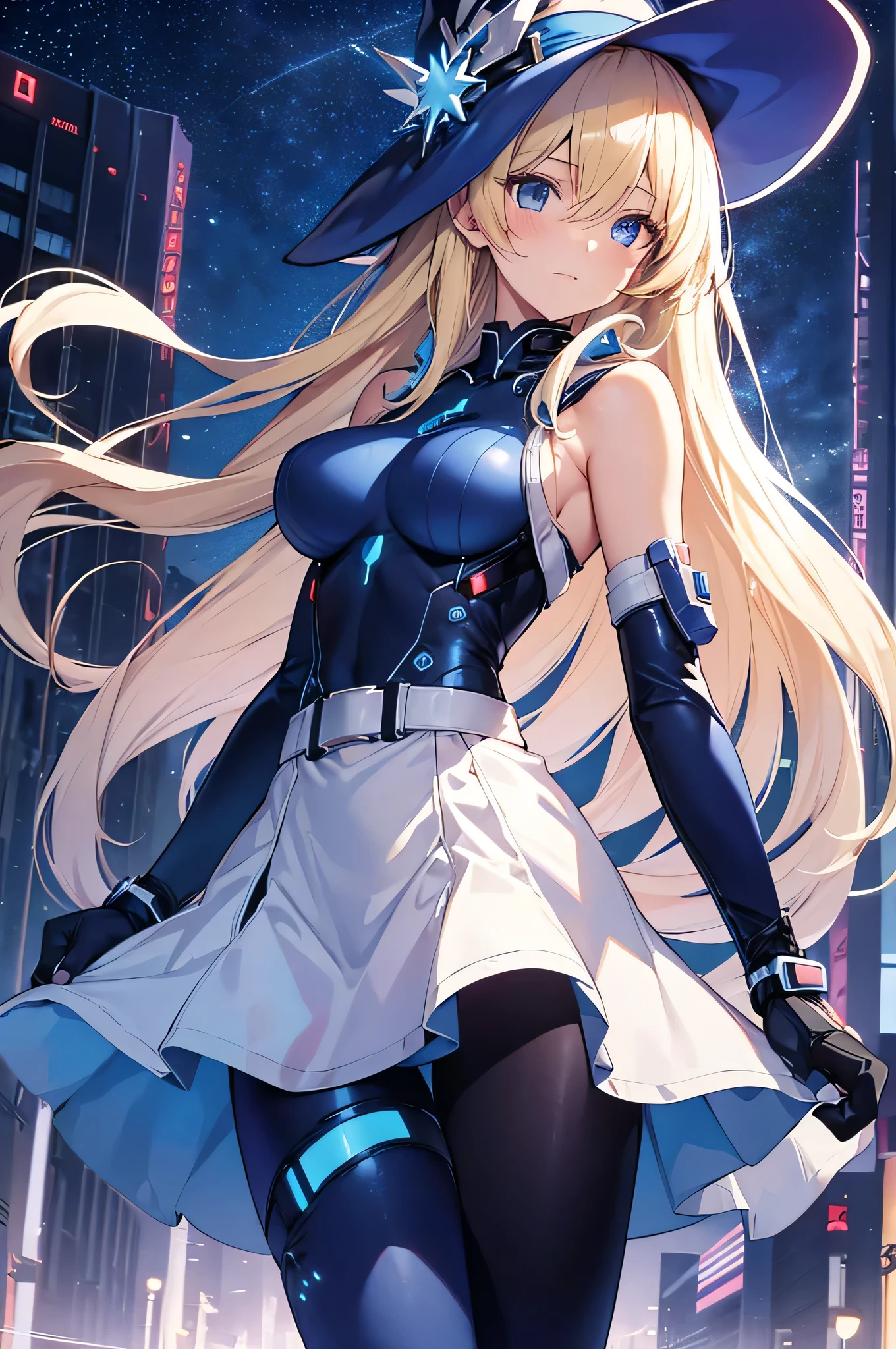 4K,High resolution,One Woman,Blonde,long hair,Blue Eyes,Big Breasts,cyber witch,White tight cyber suit,Sleeveless,Blue Skirt,Blue hat,Magic wand,City of the Future,Night Sky