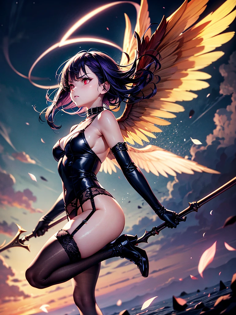 Highest quality,Highest Resolution,Beautiful girl with angry face in gothic ta leotard,High leg,(((Floating in the air))),Halo,Night Sky,Severe lightning strike,Thick Lightning,Very beautiful red eyes,rain,(((Black angel wings on the back))),whole body,front,Purple hair long,In hand1with two big spears,Knee-high stockings,garter belt,Floating in the air,darkness,