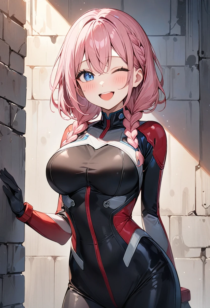 (masterpiece, top quality, very aesthetic, 4k、illustration), intricate detail, 1girl,Standing in front of a wall、(upper body)、happy smile、(multicolored hair)、
Cute 、pink hair、,middle hair,sidelock ,,blue eyes、pilot suit、Tight Suit、middle breasts,Slim 、