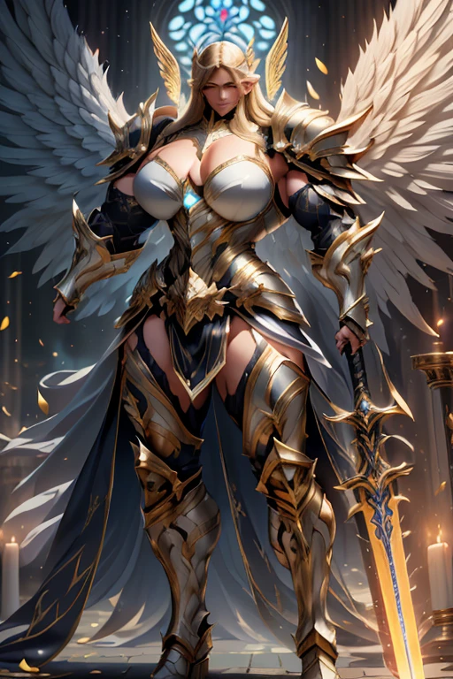 ((Massive beautiful, buff, light brown skinned muscular paladin woman with yellow hair, giant angel wings, black lipstick, ginormous bulky muscles, carrying a giant sword and wearing angel white paladin knight armored with a long tiered skirt)), ((close view)), large breast, massive muscles, massive biceps, hyper muscle shoulders, hyper muscle triceps, (long flowing hair), (giant angel wings), gray eyes, (Paladin boots), (angel metal armor), holy breastplate, (angel gauntlets), (holy Shoulder armor), closed smile, (in a heavenly castle), snowfall, Vascular arms, hyper muscles arms, hyper muscle legs, massive buff arms.