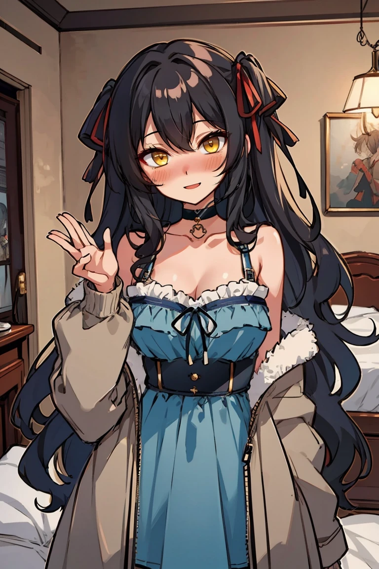 (masterpiece:1.2), (high quality:1.2), hui xiyi, rekkyo sensen, rekkyou sensen, (long wavy hair, hair ribbon, one side up:1.54), solo focus, hand up, waving, girls with((black hair, bare shoulders, medium breasts, breasts, choker, cleavage, collar, collarbone, cowboy shot, dress, see-through sleeves, neck ribbon, blue clothes, frills shirt, fur, fur collar, fur trim, hooded jacket, hoodie, jacket, large breasts, long sleeves, belt, suspenders, open clothes, open hoodie, solo, winter clothes, zipper, upper body, hand up, waving, palm)), background with ((bedroom, room:2.0))