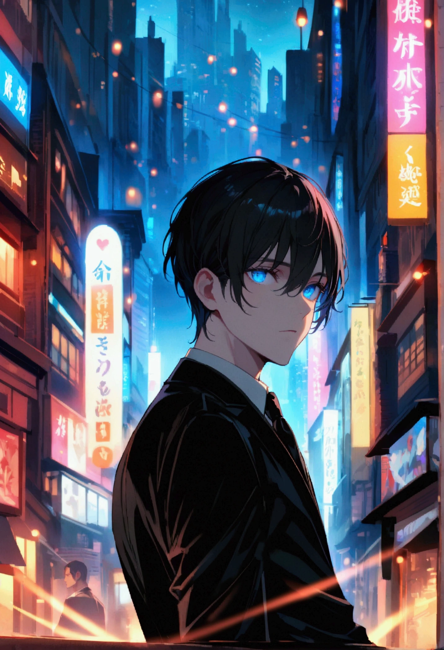 A man with black hair blue eyes in a black suit turns half-face his back on the city at night.