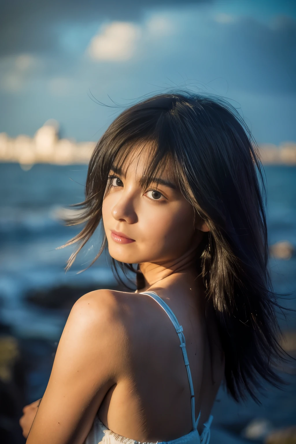 ((Top quality)),((masterpiece)),((very beautiful)), unique light and shadow, A girl, Messy hair, Realistic skin texture, Strong wind, rain, Rocky Shore, stormy sea, Female pose