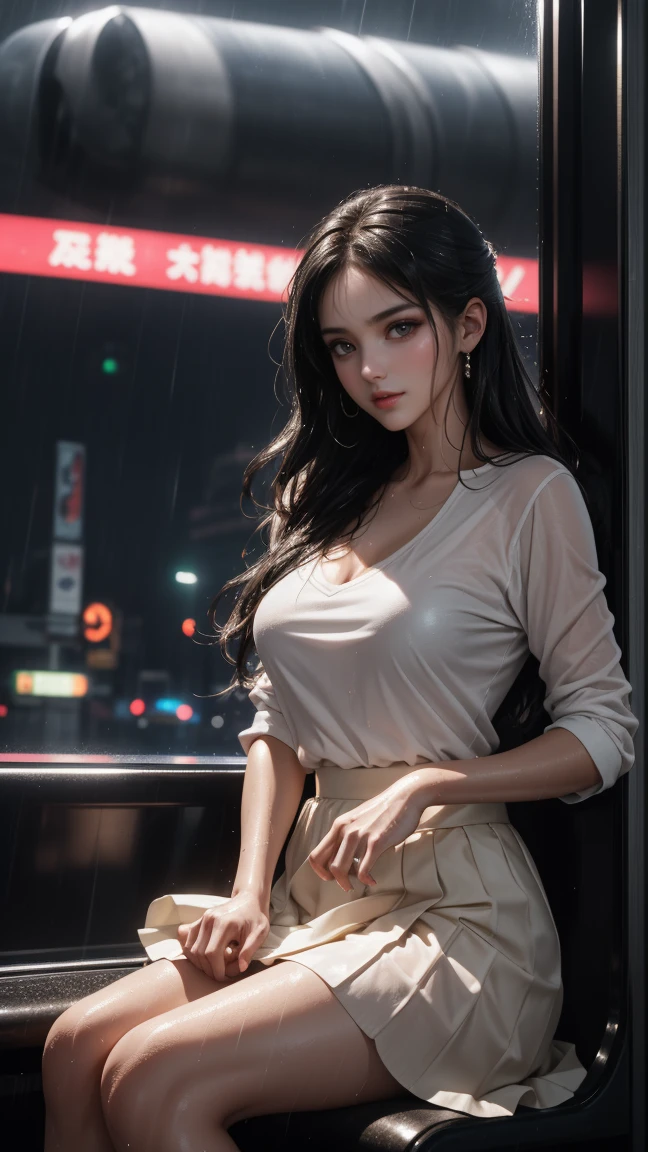 ((A girl running through the streets of New York))、(RAW shooting, Photorealistic:1.5, 8K, Highest quality, masterpiece, Ultra-high resolution), Perfect dynamic composition:1.2, Night Street Corner, Looking up at the sky:1.3, (((Heavy rain from a typhoon))), Highly detailed skin and face textures:1.2,( 雨にWetスリムな女性:1.3), Sexy beauty, Perfect Style:1.2, Aesthetic and beautiful, Fair skin, Very beautiful face, (Rain dripping all over my body:1. 2, Wet髪:1.4, Wet:1.2), Water droplets on the skin, (Medium sized breasts, Chest gap), (Shy laugh, The expression when feeling intense caressing, Facial expression when feeling pleasure), (Beautiful blue eyes, Beautiful erotic eyes:0.8), (Too erotic:0.9, Alluring:0.9),((Wet白いブラウス))、((Wetタイトスカート)) Second bag, Perfect body, Perfect fingertips(Girl sitting on train seat)、Best quality work,Actual work,Ultra Premium Graphics,8K HD CG works,High quality graphics,High-definition CG works,10x pixels,Extremely fine detail:1.1,Advanced Technical Details:1.1 Photorealistic,Indoor lighting effects:1.5,Natural light:1.5. Light effects(virtual Light effects:1.8),(Golden white short hai(RAW shooting, Photorealistic:1.5, 8K, Best lift up skirt