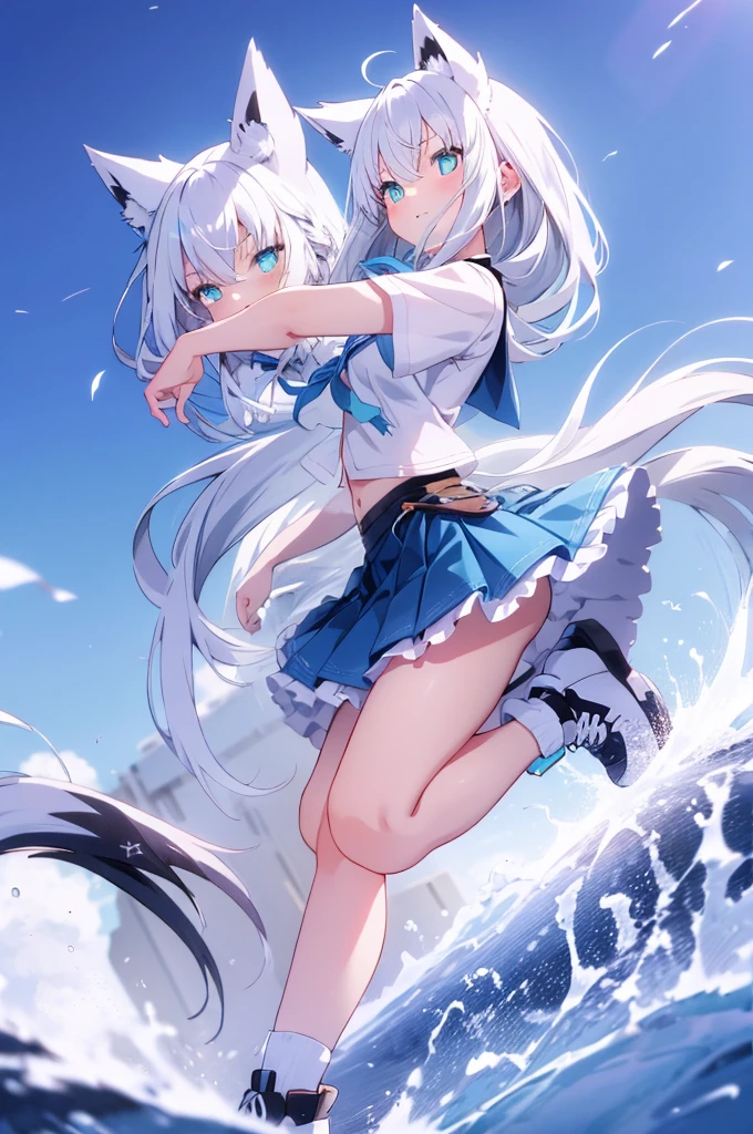 Beautiful cat wolf girl, Silver Hair, Wolf Ears, and tail, Bright blue eyes, Icy, (Unusual students), (Glowing Eyes), (Magic Eye), Zero Gravity Sneakers, Super detailed,Natural light,Vibrant colors, whole body, Wide-angle lens,masterpiece,The strong wind is revealing her white cotton panties.,Hold down your skirt that is being blown up by the strong wind