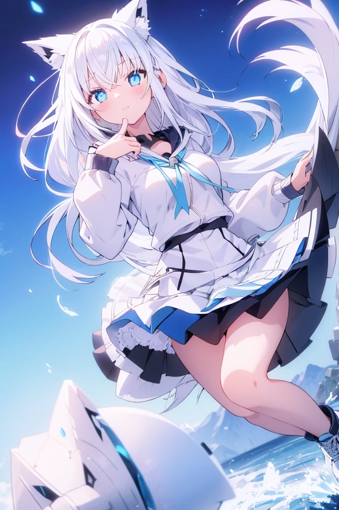 Beautiful cat wolf girl, Silver Hair, Wolf Ears, and tail, Bright blue eyes, Icy, (Unusual students), (Glowing Eyes), (Magic Eye), Zero Gravity Sneakers, Super detailed,Natural light,Vibrant colors, whole body, Wide-angle lens,masterpiece,The strong wind is revealing her white cotton panties.,Hold down your skirt that is being blown up by the strong wind