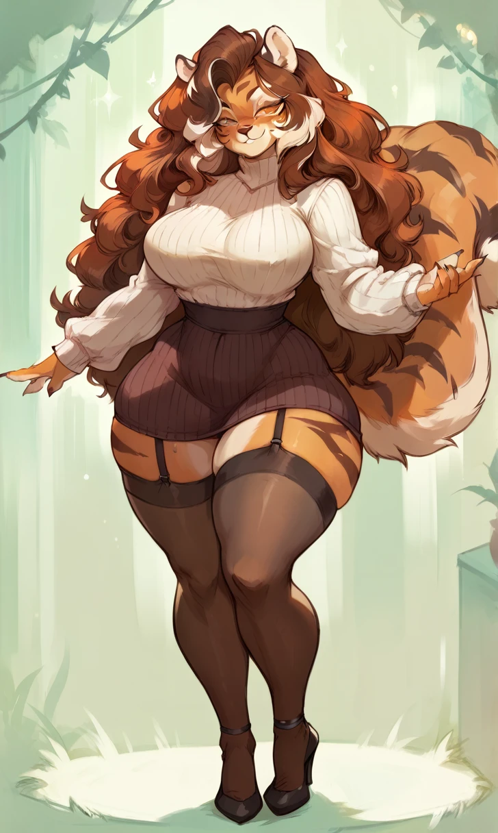 female anthro master tigress,Brown long fluffy hair, fluffy hair, squirrel ears, hyena, big breasts, attractive, knitted sweater hole dress, thicc body, thicc body, thicc, freckles, freckles on face, neutral expression, smug eyes, high heels, garter belt tights, she is standing (thick thighs:1.5)