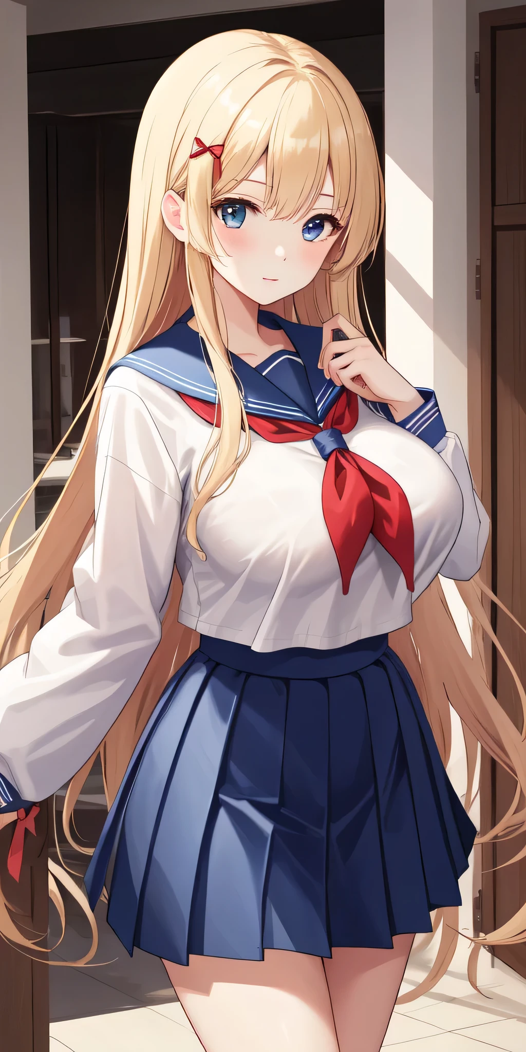 Minako Aino、mature girl、Are standing、Anime Women、solo、 Are standing、Long Hair、bionde、blue eyes、Half Up Hair、red head bow、Sailor suit、、Blue sailor collar、Blue pleated skirt、White shirt、red neckerchief、Long sleeve、masterpiece、Highest quality、Detailed face、Detailed Eyes、High resolution、beautiful、detailed、absurdes、Big Breasts、A woman with very large breasts、Female focus、sexy atmosphere、mature atmosphere、Cowboy Shot、looking at viewer、(sexy body:1.3)、