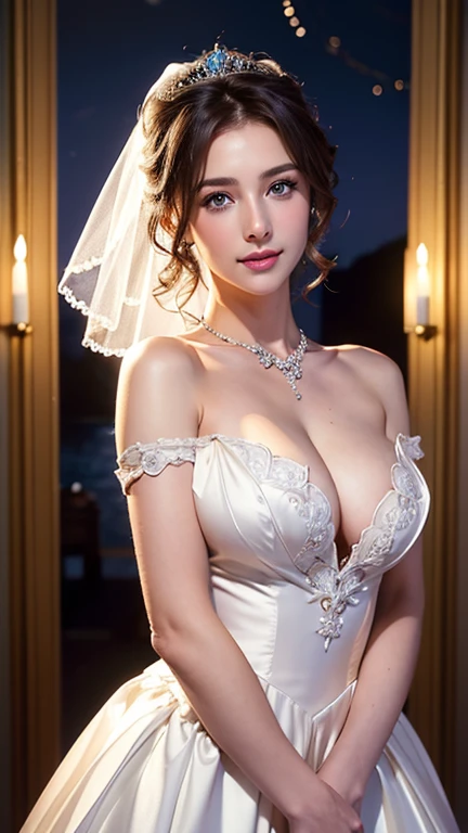 bride、Wedding Style、wedding style photos、Luxury dresses、church、Light clothing、Formal Wear、night scene、illumination、blue eyes、bionde、short hair、Hair tied up、Full body photo、Sexy Face、short hair、 Complete look、(((masterpiece)))、((Highest quality))、((超Realistic))、Mature woman、Mature woman、perspective、Very detailed、The perfect temptation、Best image quality、Fine-grained image quality、beautiful、Europe, woman, French, woman Italian, Italian, smile、blue eyes、jewelry, blue eyes, Realistic, High resolution, Glowing Skin, (Detailed face),jewelry, , night, bionde, Wavy Hair,Attractive appearance, smile,Large Breasts、Cleavage