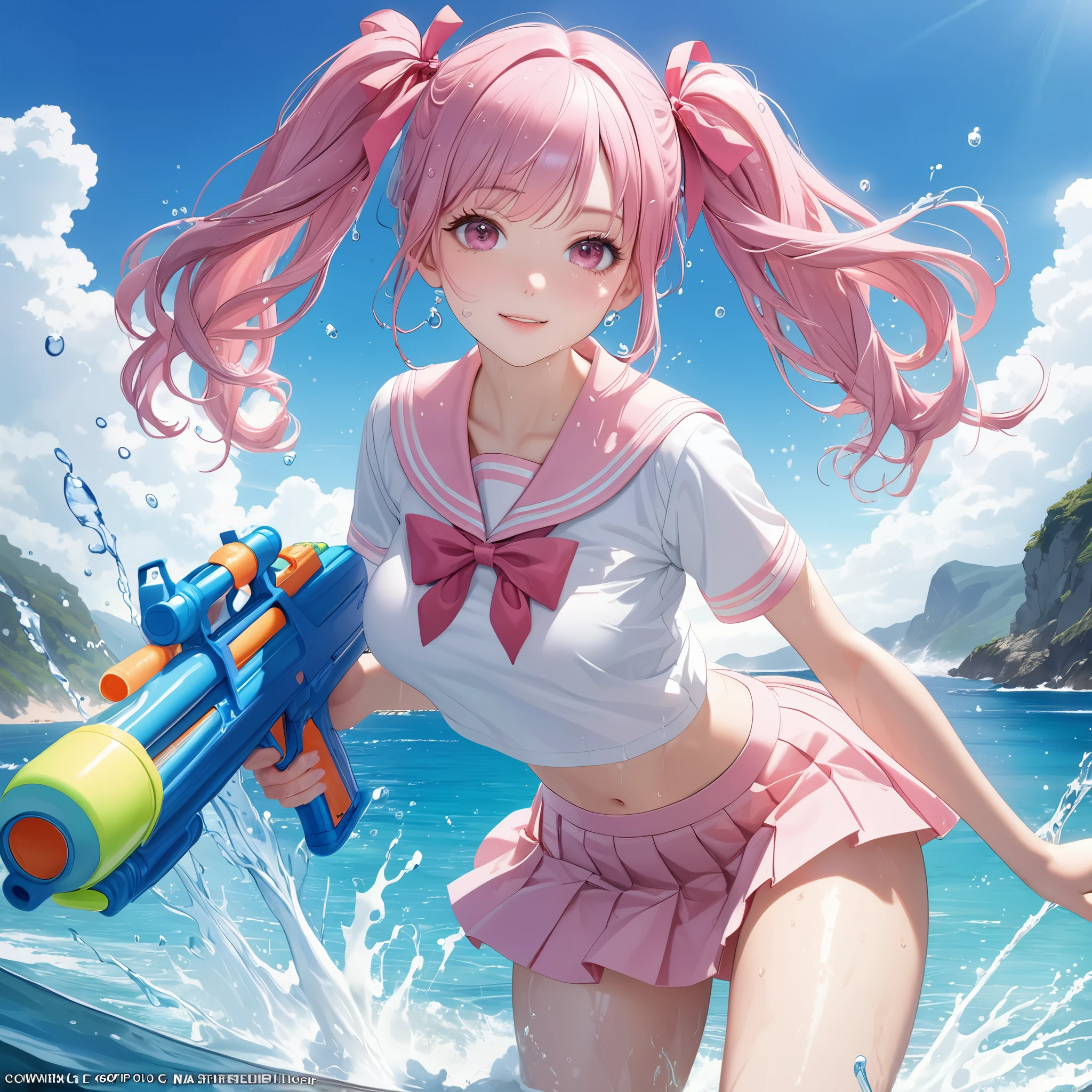 (8K, masutepiece, Best Quality, Official art, beautiful detailed, beautiful lighting, best masterpiece in history that exceeds limits), (1 Girl, Solo), (sixteen years old), (beautiful detailed face), (wet shiny white skin), (Beautiful big bust:1.3), (thighs, navel), (beautiful detailed pink twin tails hair, Bangs:1.3), (beautiful detailed drooping pink eyes:1.5), (high school uniform:1.3), (wet patsel pink sailor collar, white short sleeves short length outing shirt, pastel pink pleated skirt, patsel pink ribbon:1.3), (happy smile:1.2), (dynamic angle, dynamic cut, Attractive, Look at the camera, cute pose), breathtaking scenery, (ultra detailed realistic Beautiful sea, blue sky, summer:1.2), (water gun, release water, water splash:1.5),