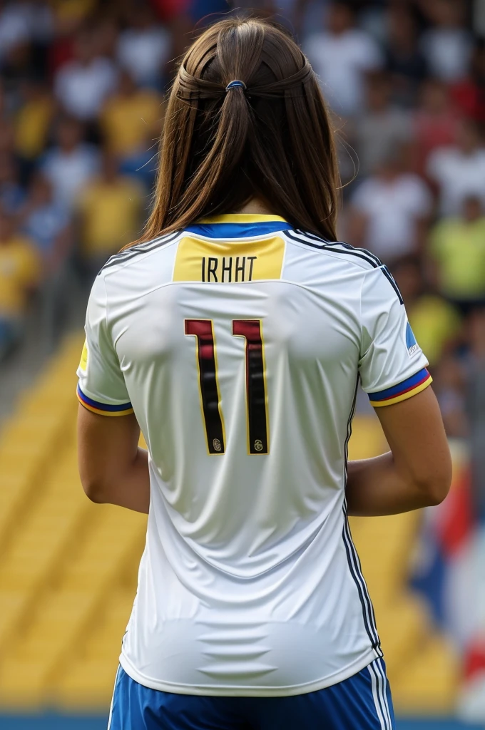 Act as an expert, I want an image of me from behind with the Colombia shirt and on the back of the shirt, place the name Arleth and the number 18, I'm thin, brunette, brown hair with highlights