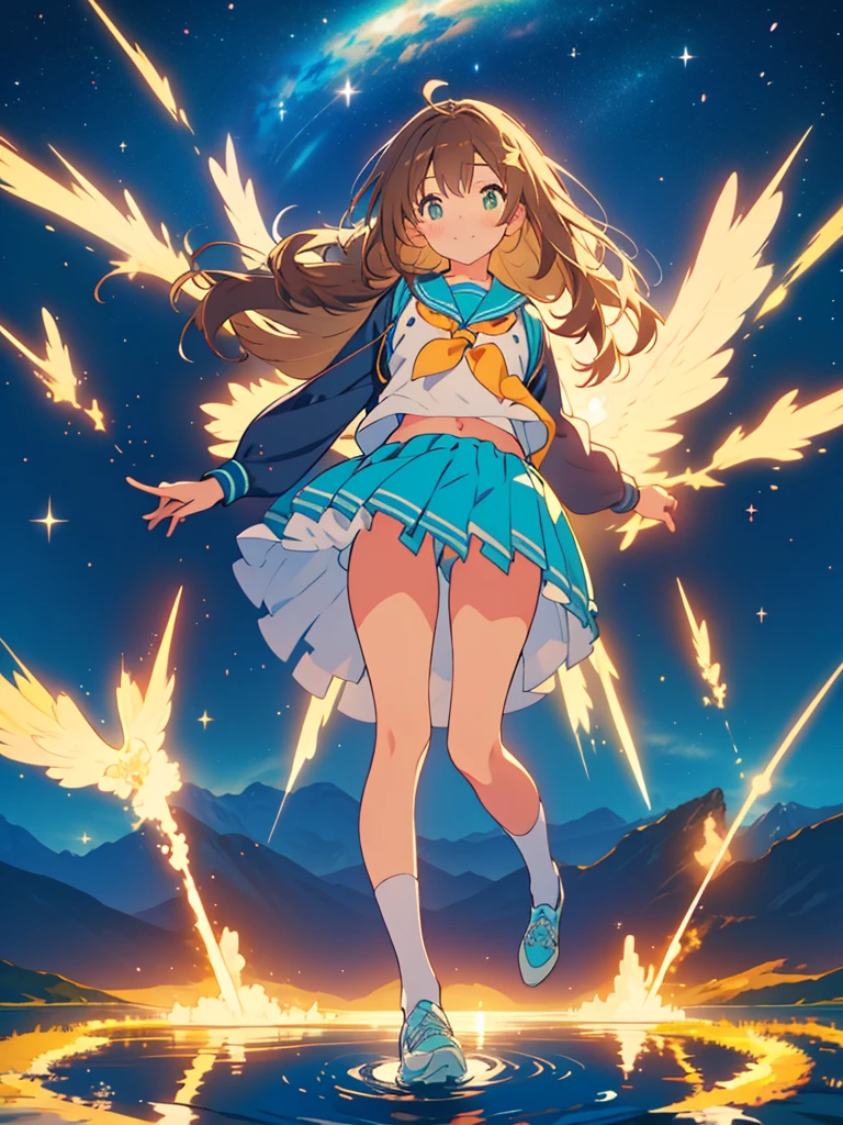 kawaii, anime, Cute, hyper quality, highly detailed, 16k, Front facing, Clarity, girl, brown long hair, green eyes, smile, junior high school girl, night sky, Uplifting, uniform, stand on the surface of the sea, the skirt flaps, the galaxy shines, Richly colored sky, starry skies, hold both hands in the air, starry sky, Meteor shower, highlight on eyes, Inciting point of view, Countless lights dance, sea and sky, luminous effect, whole body, look up at the sky, Uyuni salt lake, Fantastic, night, iris effect, milky way, The starry sky is reflected on the water surface, calm, water surface, whole body, ripples spread, Twilight,