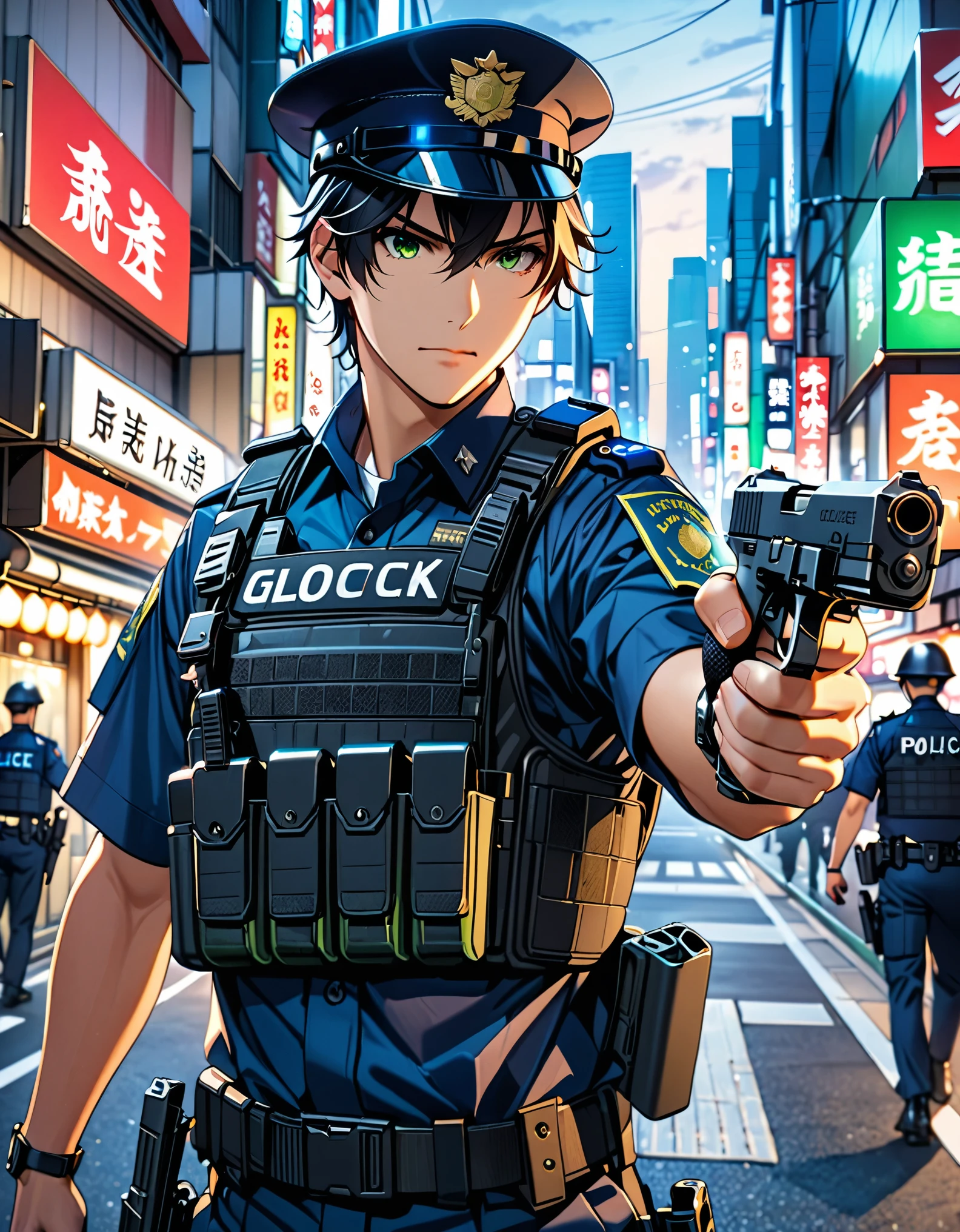 high resolution, (masterpiece:1.4, Hyper-detailing, Young man, male focus, routine patrol, Japanese Police officer, tokyo street, The expression is serious, (holding a gun, holding a pistol, shooter, finger on trigger, glock17), solo, solo focus, black hair, green eyes.