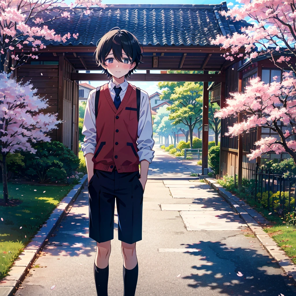 Anime-style illustration of a cute boy standing at the school gate lined with cherry blossom trees with a blushing face and tears in his eyes. The boy is wearing a skirt-style recruitment suit.