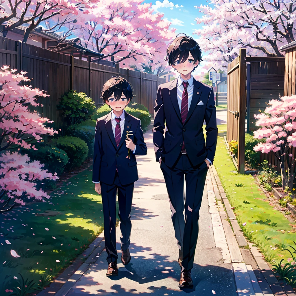 Anime-style illustration of a cute boy standing at the school gate lined with cherry blossom trees with a blushing face and tears in his eyes. The boy is wearing a skirt-style recruitment suit.