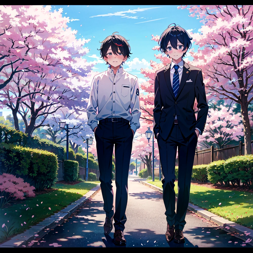 Anime-style illustration of a cute boy standing at the school gate lined with cherry blossom trees with a blushing face and tears in his eyes. The boy is wearing a skirt-style recruitment suit.