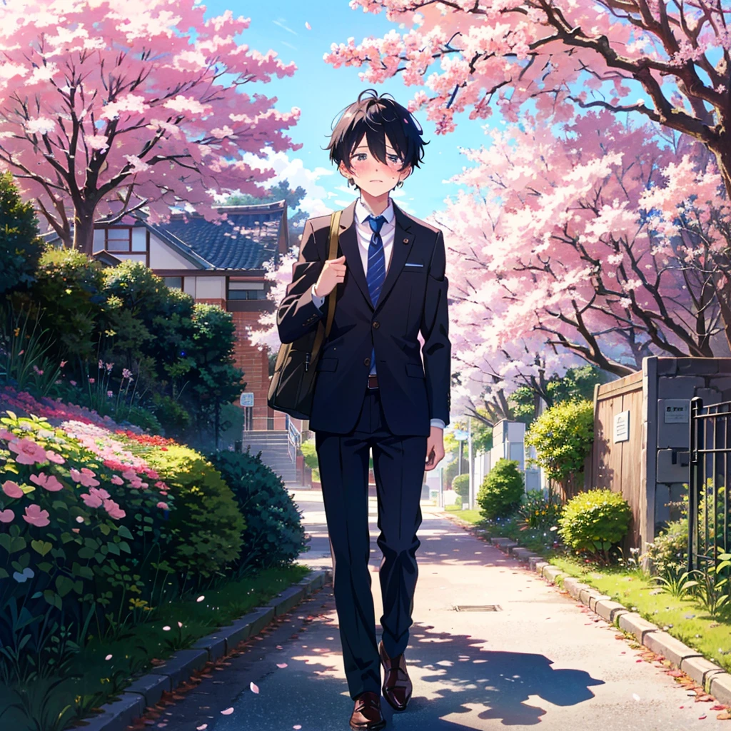 Anime-style illustration of a cute boy standing at the school gate lined with cherry blossom trees with a blushing face and tears in his eyes. The boy is wearing a skirt-style recruitment suit.