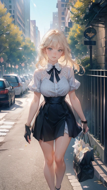 Low angle,from low,((work of art, higher resolution,best qualityer)), (beautiful illustration), ((1 girl,cute,Youngh,beautiful semi long blonde hair,rhombus stripe,gorgeous eyes)),(standing alone),(beautiful elegant office blouse and black skirt),(gazing at viewer), (walking around the Flower Park),
innocent smirk, white above the knees,Lace chalk, bracelet, gloves fingerless, above the knees,
Lace chalk, colar de giornomantes,bracelet, gloves fingerless, aretes, cinematic lighting, Flower Park,big city,busy street,giorno,blue sky,flowers and trees,overcrowded,