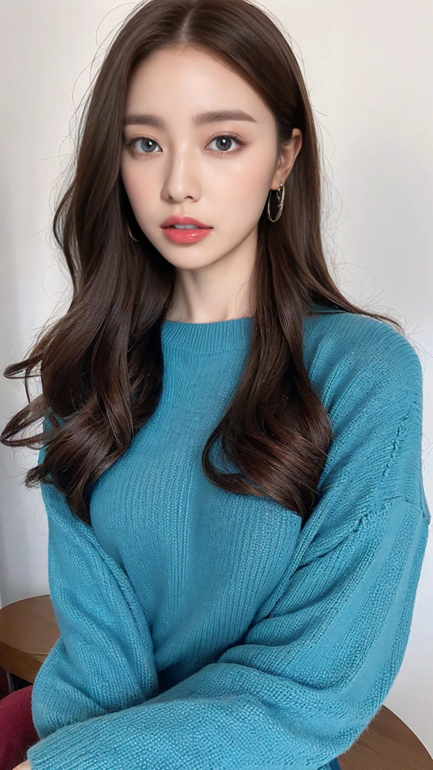 woman, Big Breasts, Chestnut Hair,blue eyes, Transparent sweater, Small chin