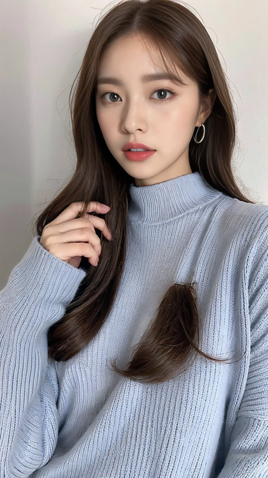 woman, Big Breasts, Chestnut Hair,blue eyes, Transparent sweater, Small chin