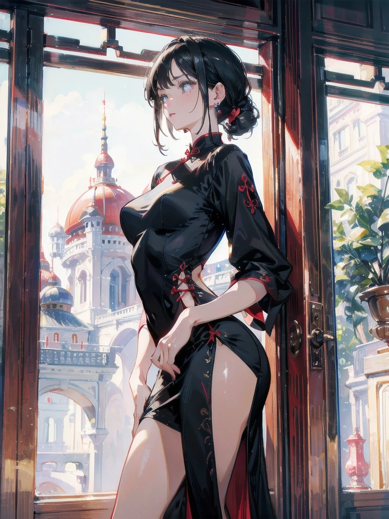 masterpiece, best quality, distinct image, 1 girl, 16 year old teenager, Asymmetrical knee length Chinese styled dress, solo. sharp facial features, oval shaped face, cherry pink lip, lightly tanned white skin, velvet-colored eyes, tall height(175cm), slim yet chiseled body-type, dark violet-black hair, short pixie cut hairstyle, long and slender legs, curvy wide hips stretching the dress, full body image,