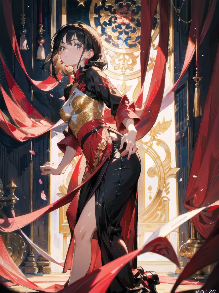 absurdres, RAW photo, extremely delicate and beautiful, masterpiece, Best Quality, ultra high resolution, 32k, hyperrealistic, ultra-detailed, perfect figure, in her 20s, very small head, very small face, delicate facial features, tearful mole, earring, very huge breasts, full body shot, medium hair, black hair, whole red Cheongsam, Slit skirt,