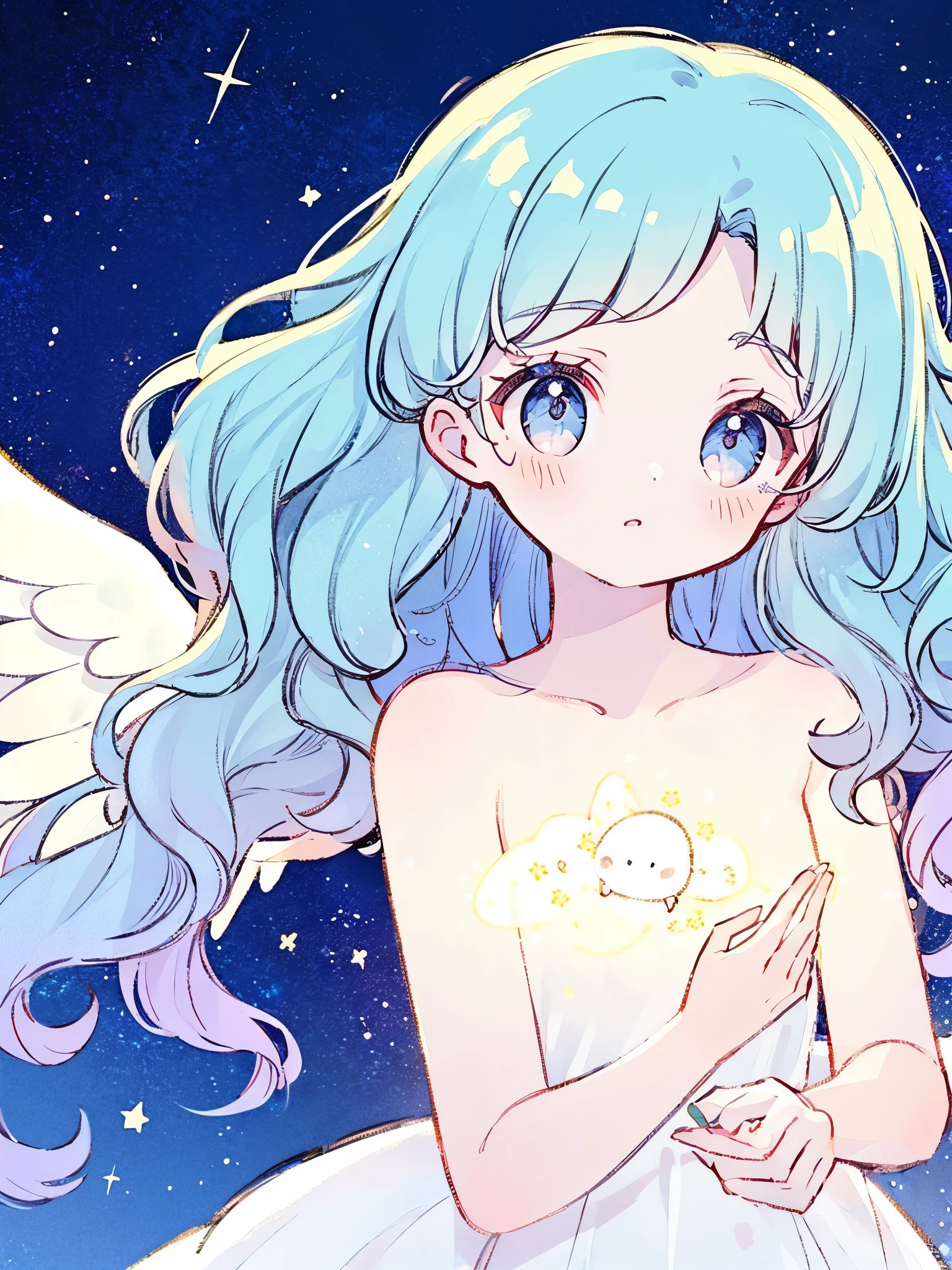 nude angel girl wearing an ethereal translucent dress, pale skin, ((blue mint wavy hair)), white feathers, angel wings, sparkling detailed eyes, golden ratio face, perfect composition, highly detailed, ethereal, (starry night sky background), midjourney style