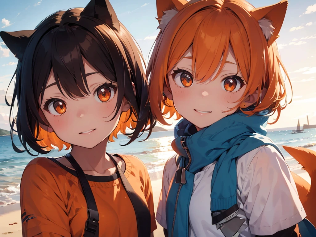 Two [[boys]] are at the beach, the first has a really bright skin color, orange hair, [orange cat ears] and orange cat tail, the second one is one head taller than the first, he have a metis skin color, brown hair with a deep blue shark like [[long and pointy]] deep blue ears and a deep blue shark tail, they are looking at each others with love and passion in a beautiful sand beach, we just see their busts, the sun is setting behind them