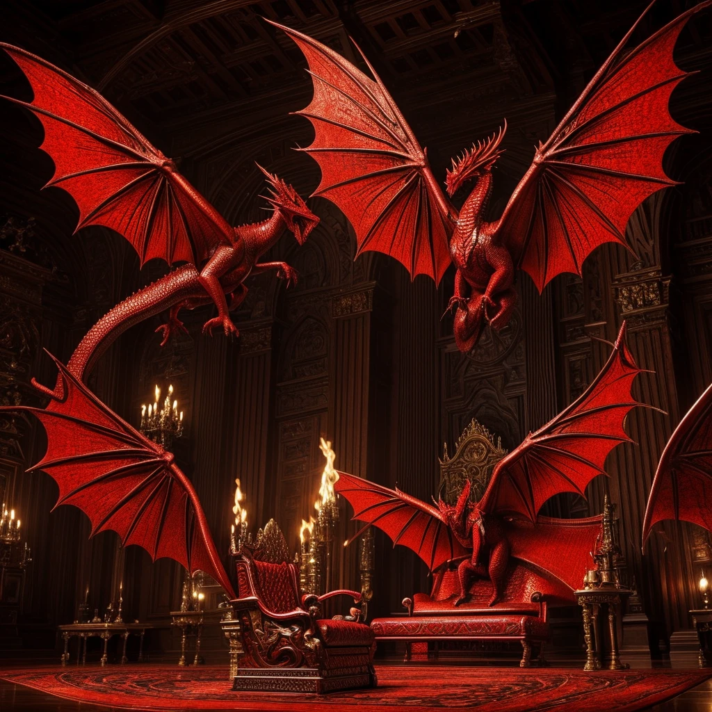 a red dragon with wings, sitting on a throne, in a large room, detailed red scales, intense fire, 8k, high quality, photorealistic, intricate details, dramatic lighting, fantasy, cinematic