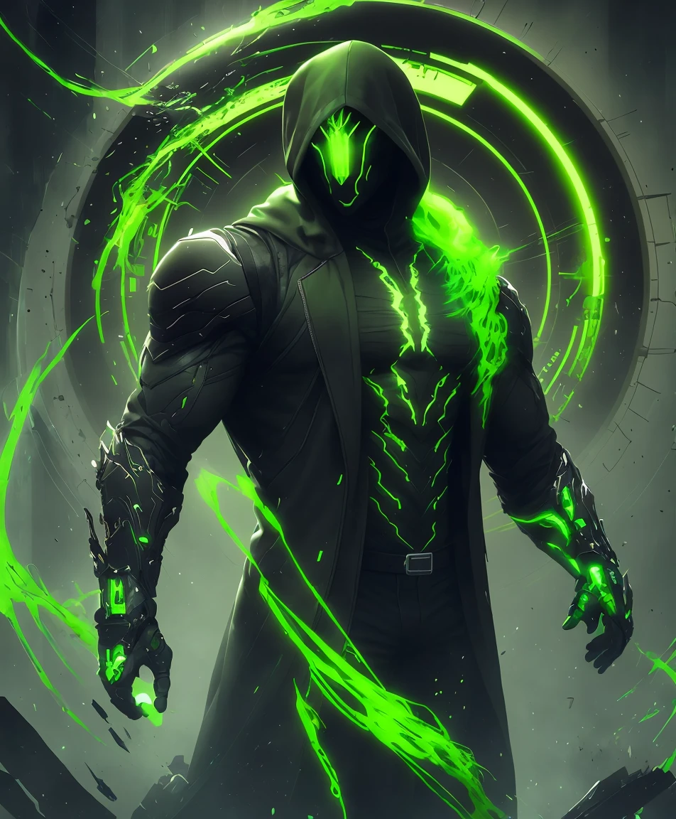 a man in a green jacket and black pants standing in a dark room, wearing cultist green robe, green attire, character from mortal kombat, as a character in tekken, fighting game character, cyberpunk assassin, green hooded mage, cyberpunk outfits, green clothes, the green ninja, wearing leather assassin armor, an edgy teen assassin, cool green jacket, cyberpunk street goon