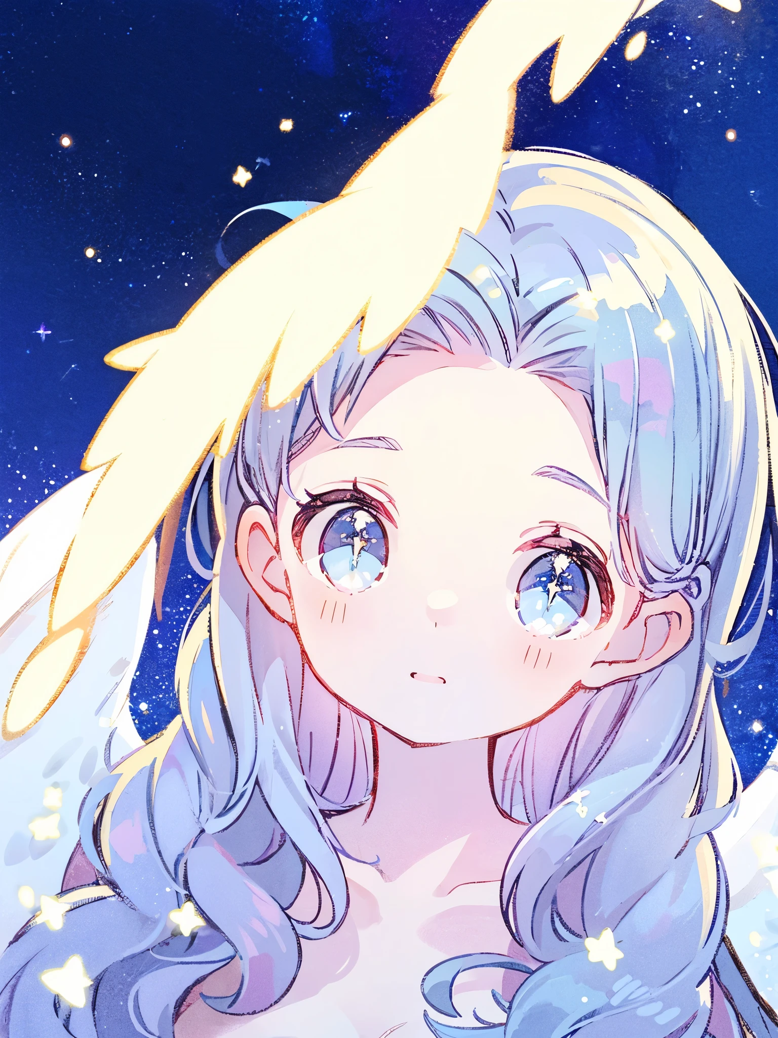 nude angel girl wearing an ethereal translucent dress, pale skin, ((blue mint wavy hair)), white feathers, angel wings, sparkling detailed eyes, golden ratio face, perfect composition, highly detailed, ethereal, (starry night sky background), midjourney style