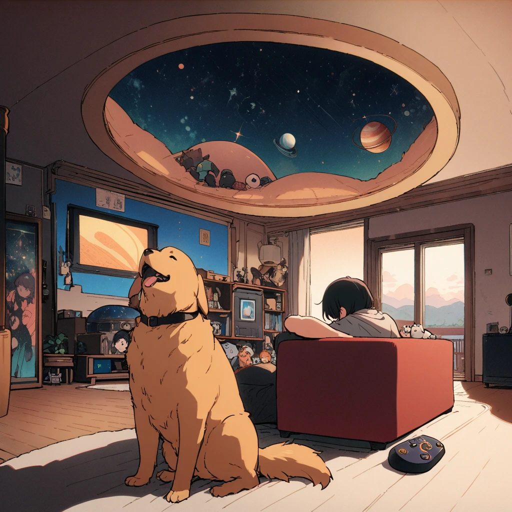 ((anime:1.4,figure)),(masterpiece, Highest quality, Highest quality),(Super detailed, The absolute solution),((16K, High resolution)), (((interior, Small living room, Planetarium on the entire ceiling, Boy and dog looking up)) ((cosy lofi figure:1.4)), ((anime:1.4, figure)),(masterpiece, Highest quality, Highest quality),(Super detailed, The absolute solution),((16K, High resolution)) break {Lofi Art, Laurie Griesley's style, Makoto Shinkai's Style, anime aesthetic}, break { (Generates images with over 40 million pixels of information with the detailed texture of films shot with Sony SLR cameras。).}
